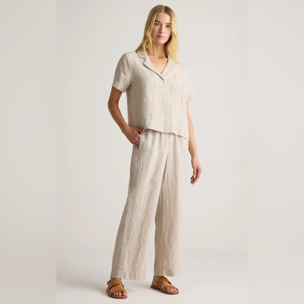 Quince Women's Wide-Leg Drawstring Linen Pants in Light Beige - Picture 2 of 3